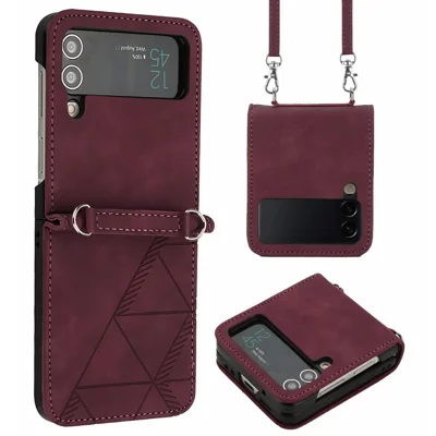 For Samsung Galaxy Z Flip4 5G Leather Case with Shoulder Strap Wallet Stand Phone Cover - Wine Red