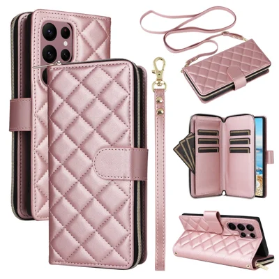 Voor Samsung Galaxy S22 Ultra 5G Hoesje Ruitvormig Rooster Leren Telefoonhoes met Ritsvak - Roségoud