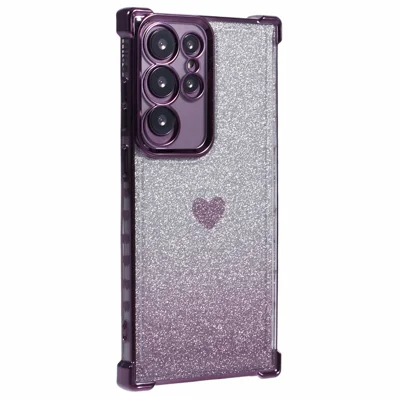 For Samsung Galaxy S23 Ultra Case Gradient Glitter Heart Electroplating TPU Phone Cover - Dark Purple