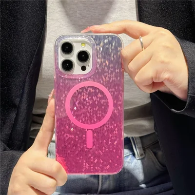 For iPhone 15 Pro Max Magnetic Case Geometric Rhombus IMD PC+TPU Phone Cover - Pink
