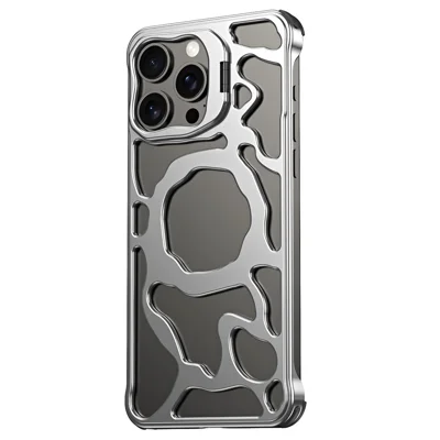 Auspicious Cloud Series For iPhone 15 Pro Magnetic Case Kickstand Aluminum Alloy Phone Cover Heat Dissipation - Silver