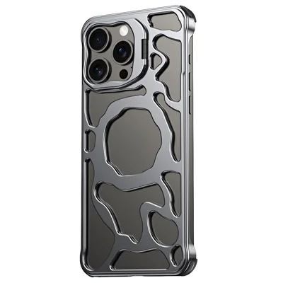 Auspicious Cloud Series For iPhone 14 Pro Magnetic Case Aluminum Alloy Hollow Phone Cover Lens Kickstand - Grey