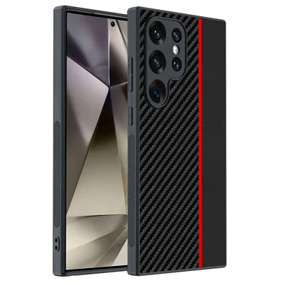 For Samsung Galaxy S24 Ultra Case Leather+PC Hard Phone Cover Carbon Fiber Texture - Black / Red