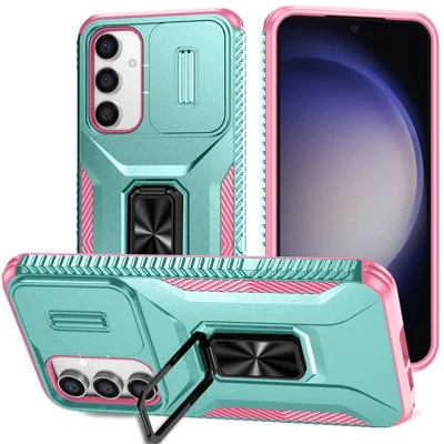 For Samsung Galaxy S23 FE Kickstand Case TPU+PC Phone Protector with Slide Lens Cover - Grey Green+Pink
