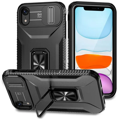 For iPhone XR Case TPU+PC Ring Kickstand Phone Cover Support Magnetic Car Mount - Black