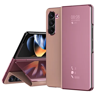 For Samsung Galaxy Z Fold6 5G Case Electroplating View Window Stand Leather Phone Cover - Pink