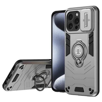 For iPhone 15 Pro Case with Slide Camera Cover PC+TPU Phone Protector Ring Holder - Grey