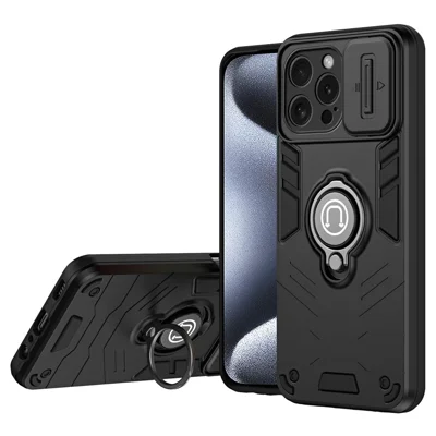 For iPhone 15 Pro Case with Slide Camera Cover PC+TPU Phone Protector Ring Holder - Black