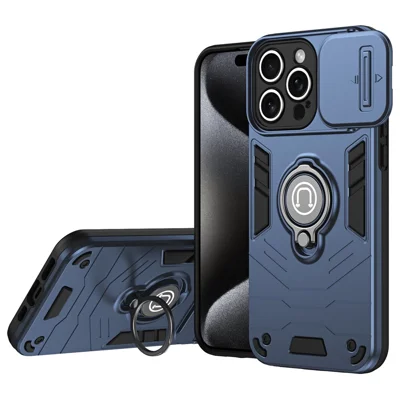 For iPhone 15 Pro Max Case PC+TPU Ring Kickstand Phone Cover with Slide Lens Lid - Blue