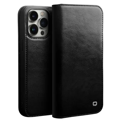 QIALINO Para iPhone 14 Pro Max 6,7 polegadas Capa de Carteira Flip Wallet Case Suporte à prova de queda Capa de Telefone de Couro Genuíno - Preto