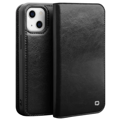 QIALINO voor iPhone 14 Plus, volledige bescherming, draaihoesje met portemonnee en standaard, stootvrij, echt lederen telefoonhoes - Zwart