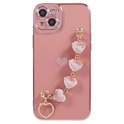 For iPhone 13 Case Shockproof TPU Phone Cover with Chain Bracelet - Pink