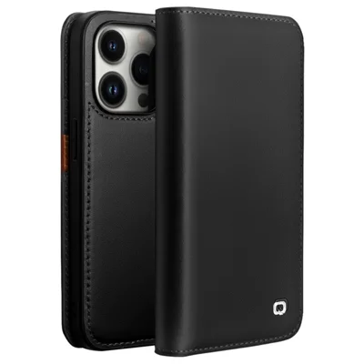 QIALINO For iPhone 14 Pro Max 6.7 inch Wallet Case Stand Genuine Cow Leather Flip Phone Cover - Black