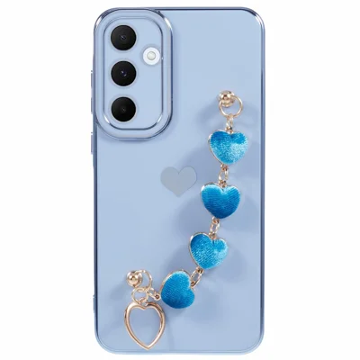 For Samsung Galaxy A14 5G / 4G Phone Case Electroplating Soft TPU Back Cover with Heart Chain Strap - Blue