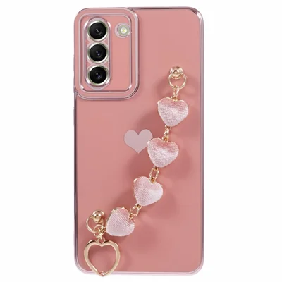 For Samsung Galaxy S21+ 5G Case Anti-Drop Soft TPU Phone Cover with Heart Chain Strap - Pink