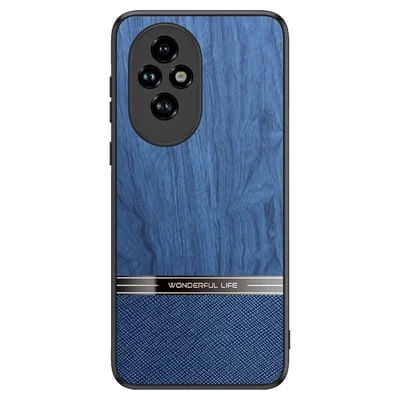 Fodral till Honor 200 Pro 5G, fodral i trästruktur med läderbelagd TPU – Blå