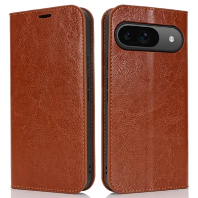 For Google Pixel 9 / 9 Pro Case Crazy Horse Texture Split Leather Wallet Phone Cover - Light Brown