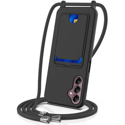For Samsung Galaxy A14 4G / 5G Case Card Holder Liquid Silicone Phone Cover with Lanyard -  Black