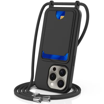 For iPhone 12 Pro Max Liquid Silicone Case with Card Holder Crossbody Phone Cover - Black