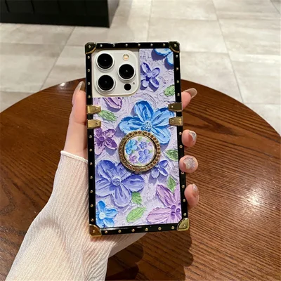 For iPhone 14 Pro Max Case Oil Painting Flower PC+TPU Kickstand Phone Cover - Purple
