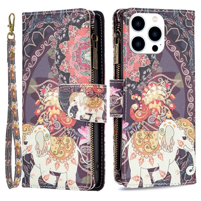BF03 For iPhone 16 Pro Case Pattern Print PU Leather Phone Cover with Zipper Wallet - Flowers and Elephant