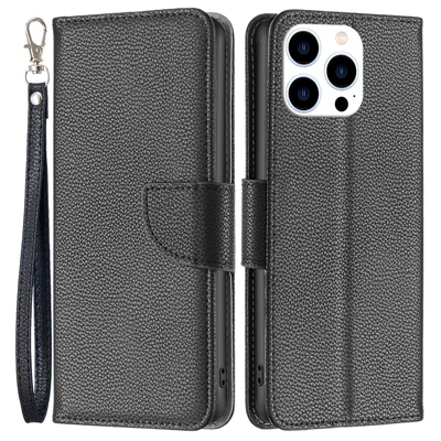 For iPhone 16 Pro Max Wallet Case with Wrist Strap Litchi Texture Leather Phone Stand Cover - Black