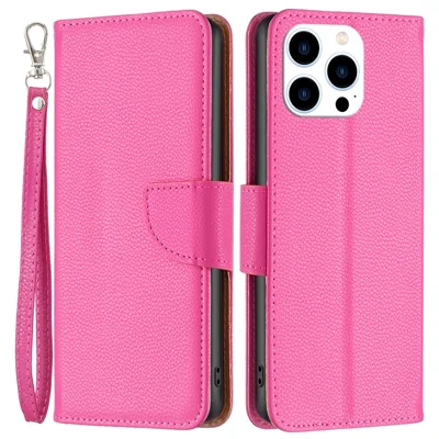 For iPhone 16 Pro Max Wallet Case with Wrist Strap Litchi Texture Leather Phone Stand Cover - Rose