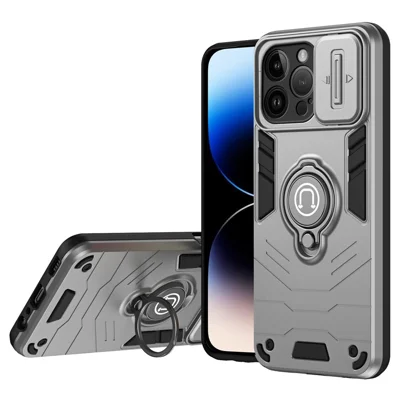 For iPhone 14 Pro Case Camera Protection PC+TPU Phone Cover with Ring Holder - Grey
