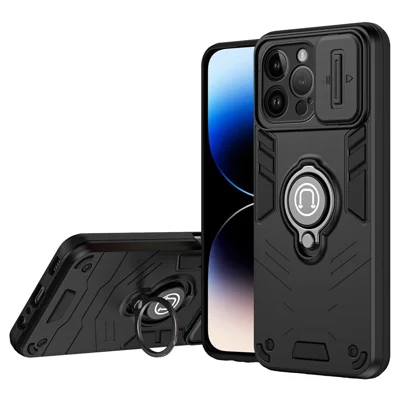 For iPhone 14 Pro Max Case Kickstand PC+TPU Hybrid Phone Cover with Slide Lens Shield -  Black
