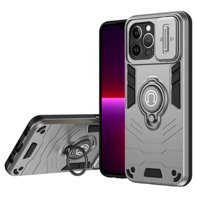 For iPhone 13 Pro Case Ring Kickstand PC+TPU Phone Cover with Slide Lens Guard - Grey