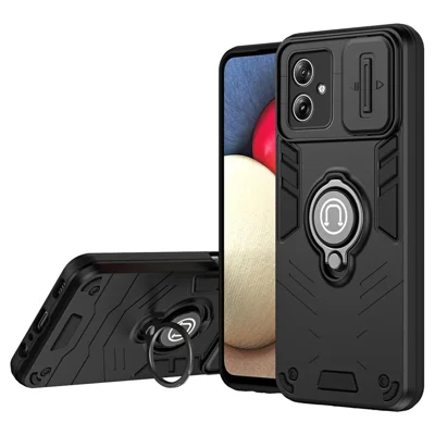 Voor Motorola Moto G54 5G Hoesje Ring Kickstand PC+TPU Telefoonhoesje Schuif Lensbescherming - Zwart