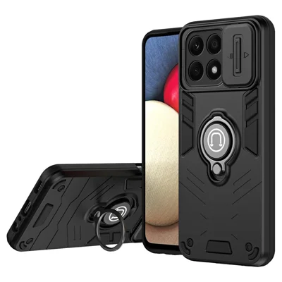 For Honor X8b 4G Case Ring Holder PC+TPU Phone Cover with Slide Lens Window - Black