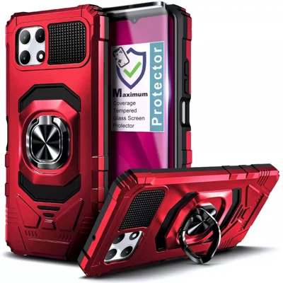 For T-Mobile REVVL 7 Case PC+TPU Rotary Ring Kickstand Phone Armor Cover - Red
