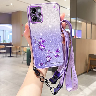KADEM For Motorola Moto G14 4G Case with Lanyard Rhinestone Flower TPU Phone Cover - Purple