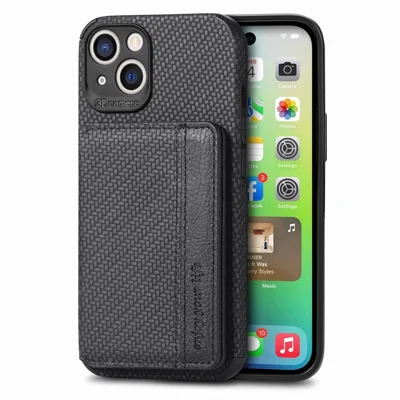 Para iPhone 14 6.1 pulgadas Textura de fibra de carbono anticaída Funda de teléfono de billetera con bloqueo RFID Revestimiento de cuero TPU resistente a los arañazos Cubierta magnética con soporte - Negro