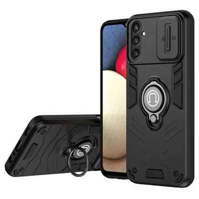 For Samsung Galaxy S23 FE Case Slide Camera Lid PC+TPU Ring Kickstand Phone Cover - Black