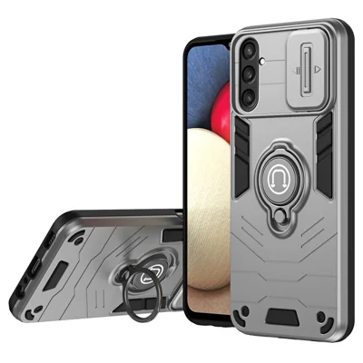For Samsung Galaxy S23 FE Case Slide Camera Lid PC+TPU Ring Kickstand Phone Cover - Grey