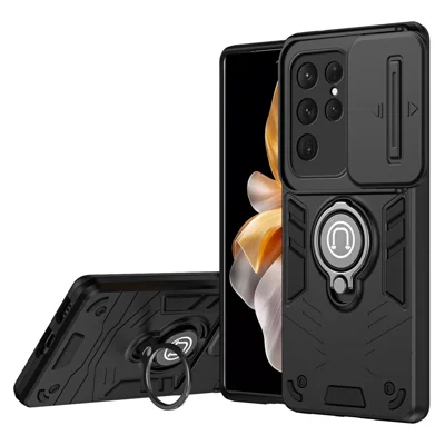 For Samsung Galaxy S24 Ultra Phone Case Slide Lens Lid Anti-Fall Phone Cover with Ring Kickstand - Black