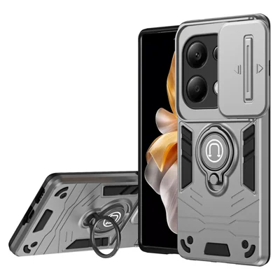 For Xiaomi Redmi Note 13 Pro 4G / Poco M6 Pro 4G Case Slide Lens Guard Phone Cover with Kickstand - Grey