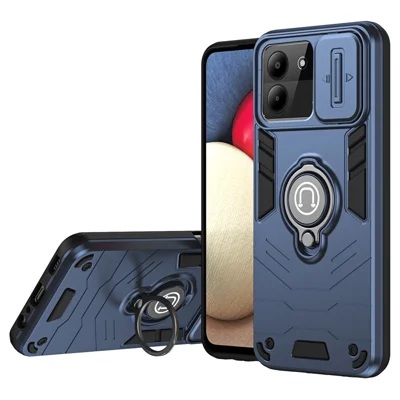 For ZTE Blade A54 Case Slide Camera Lid PC+TPU Anti-shock Ring Kickstand Phone Cover - Blue