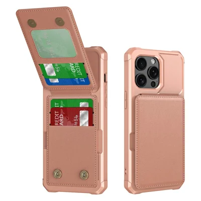 ZM11 For iPhone 15 Pro Max Case Card Holder Kickstand PU Leather+TPU Phone Cover - Rose Gold