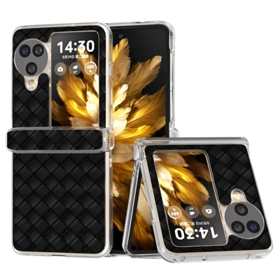 For Oppo Find N3 Flip 5G Case Woven Texture Leather+PC Clear Edge Phone Cover - Black