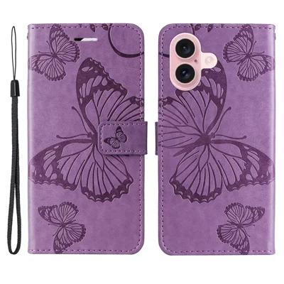 For iPhone 16 Wallet Case Floral Butterfly Imprinted Leather Phone Cover Stand - Light Purple