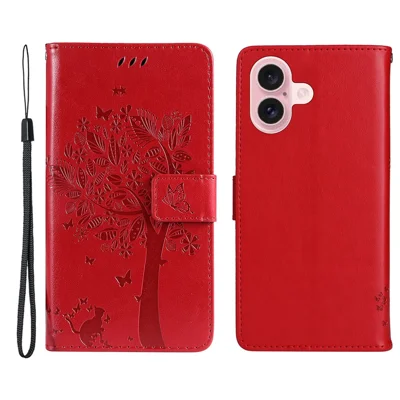For iPhone 16 Phone Case with Stand Cat Tree Pattern Leather Wallet Mobile Cover - Red