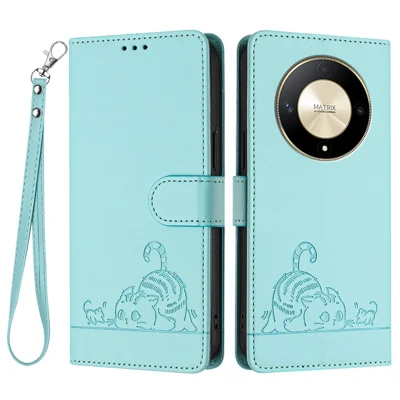 For Honor Magic6 Lite 5G / X9b 5G / X50 5G Case with Strap RFID Blocking Leather Wallet Phone Cover Cat Mouse Pattern - Mint Green