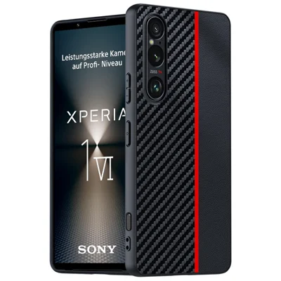 Fodral till Sony Xperia 1 VI, kolsyrakompositdesign, stötsäkert halsband - Svart / Röd