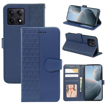 For Xiaomi Poco F6 Pro 5G / Redmi K70 5G / K70 Pro 5G Case Cubic Grid Leather Wallet Phone Cover - Blue