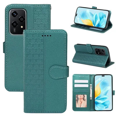 For Honor 200 Lite Case Cubic Grid Pattern Card Slots Wallet Leather Phone Cover - Green