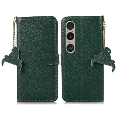 For Sony Xperia 1 VI Case Genuine Cow Leather RFID Blocking Wallet Phone Cover Litchi Texture - Green