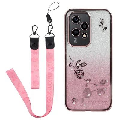 KADEM For Honor 200 Lite Case Glitter Gradient TPU Phone Cover with Lanyard - Rose Gold